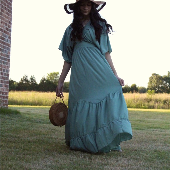 Maxi dress casual mid sleeves pleated ruffle BoHo dress - Picture 5 of 16